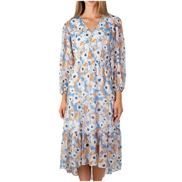 Joie Women’s Sz M Blue Floral Printed Maxi Dress Limited Edition Chiffon V-Neck - Picture 1 of 14